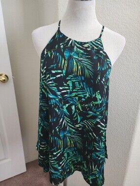 Decree Black Halter Top with Teal & Green Leaf Print